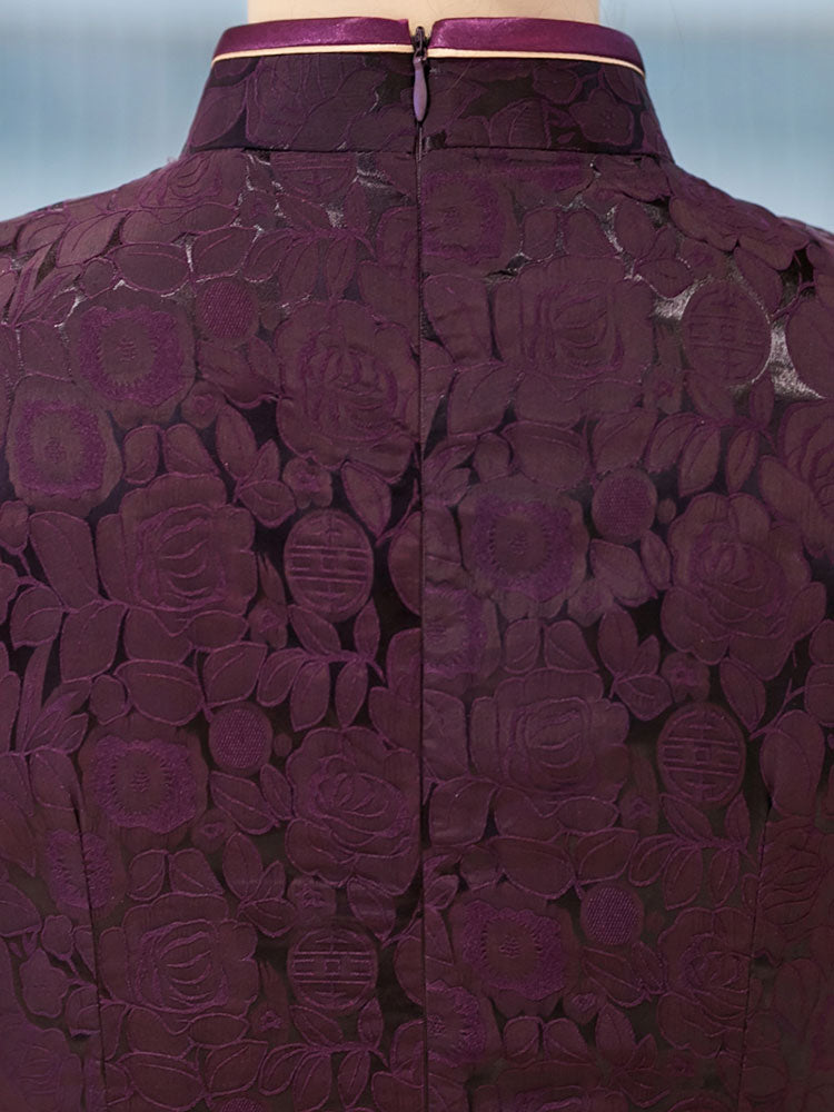 Purple Jacquard Floral Silk Qipao Cheongsam Dress
