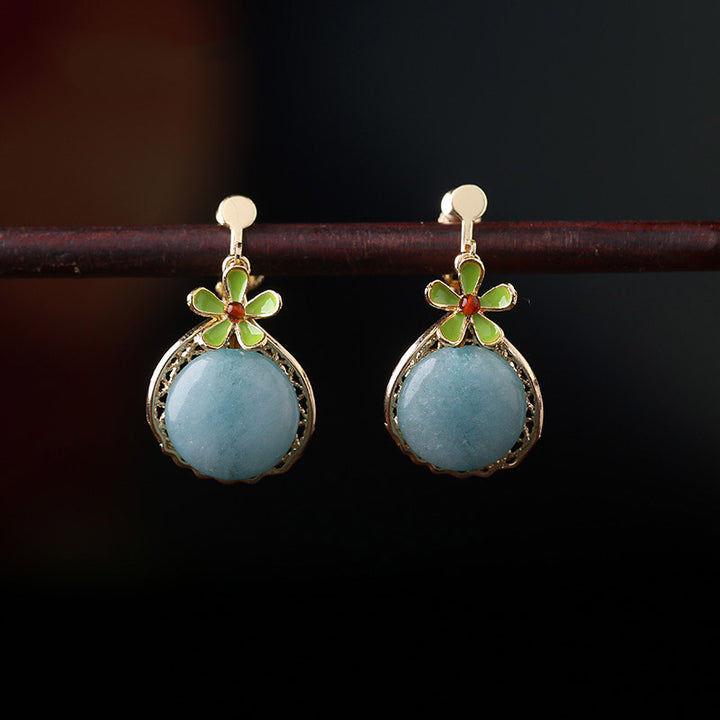 Jade Flower Drop Dangle Non Pierced Clip-on Hook Earrings
