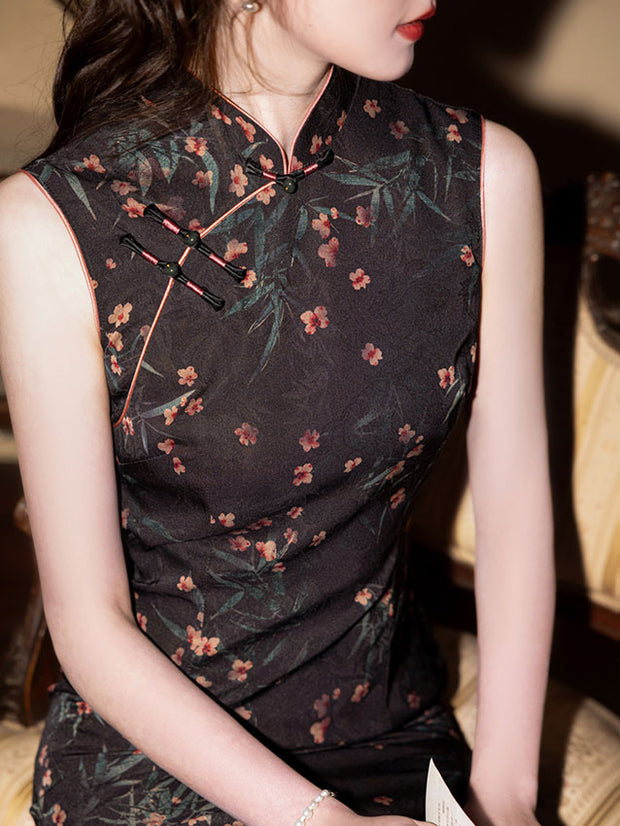 Black Floral Print Sleeveless Cheongsam Qipao Dress