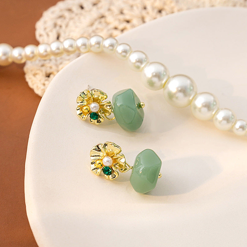Green Jade Alloy Flower Dangle Drop Earrings