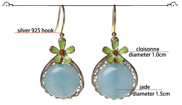 Jade Flower Drop Dangle Non Pierced Clip-on Hook Earrings