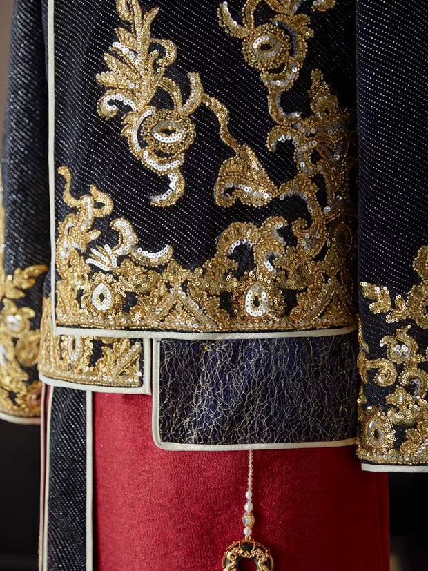 Color Block Sequins Appliques Men Wedding Qun Kwa Jacket & Skirt