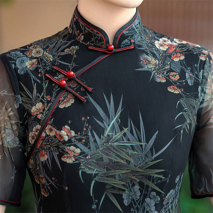 Black Floral Mothers A-Line Cheongsam Qipao Dress