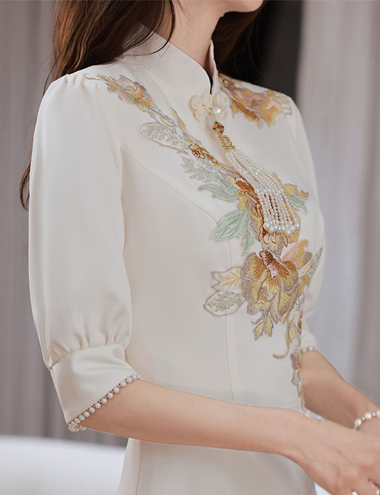 Embroidered Floral Thigh Split A-line Qipao Cheongsam Gown