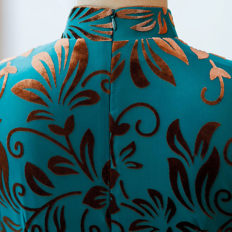 Blue Floral Velvet Belt Mothers A-Line Cheongsam Qipao Dress