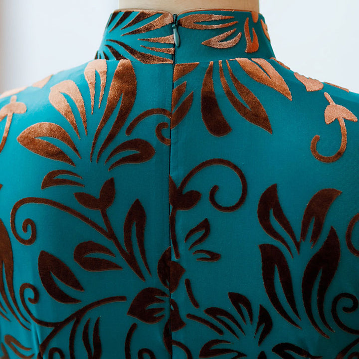 Blue Floral Velvet Belt Mothers A-Line Cheongsam Qipao Dress