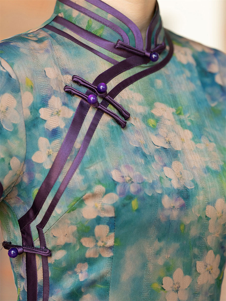 Green Floral Print Maxi Cheongsam Qipao Dress