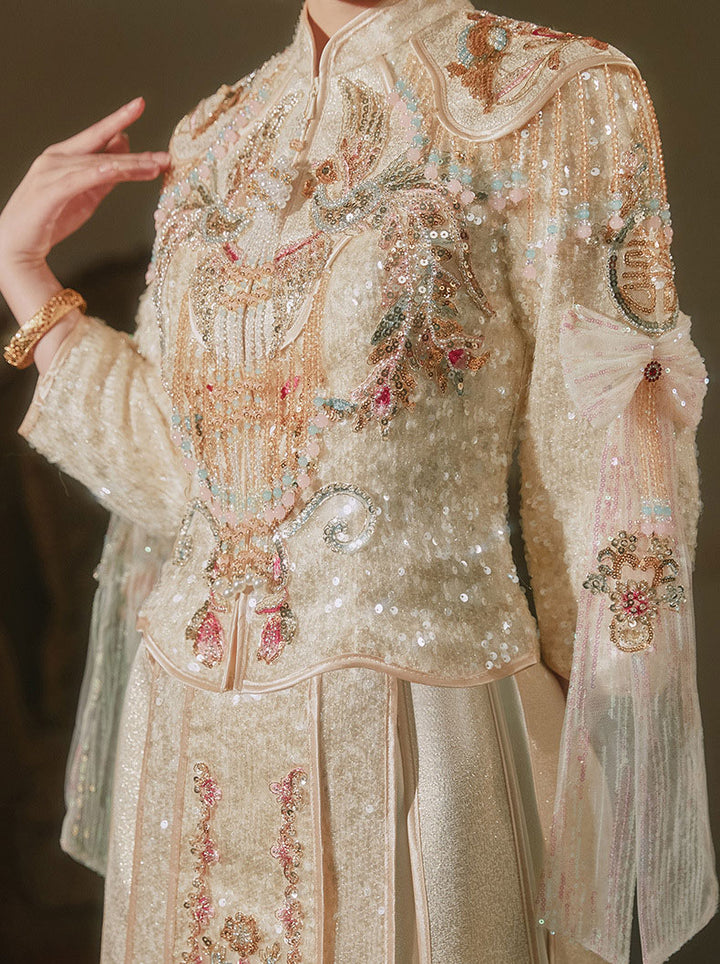 Champagne Sequins Phoenix Dragon Wedding Bridal QunGua