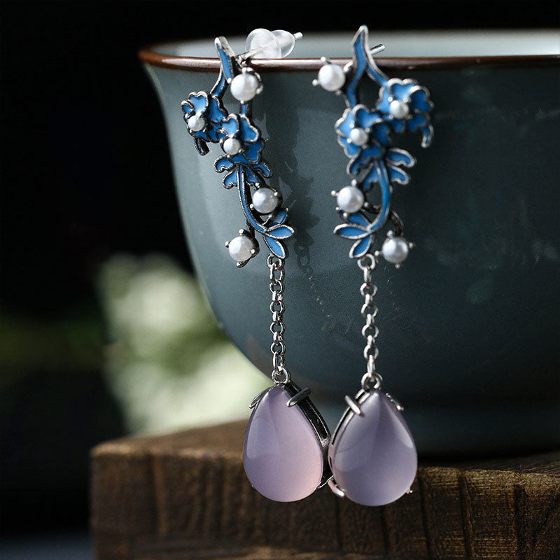 Pink Jade Alloy Flower Dangle Drop Earrings