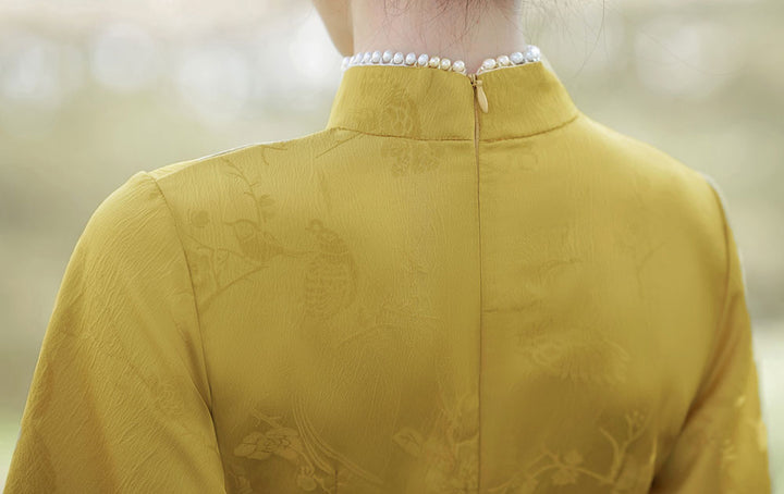 Pink Yellow Jacquard Flutter Sleeve Cheongsam Qi Pao Dress