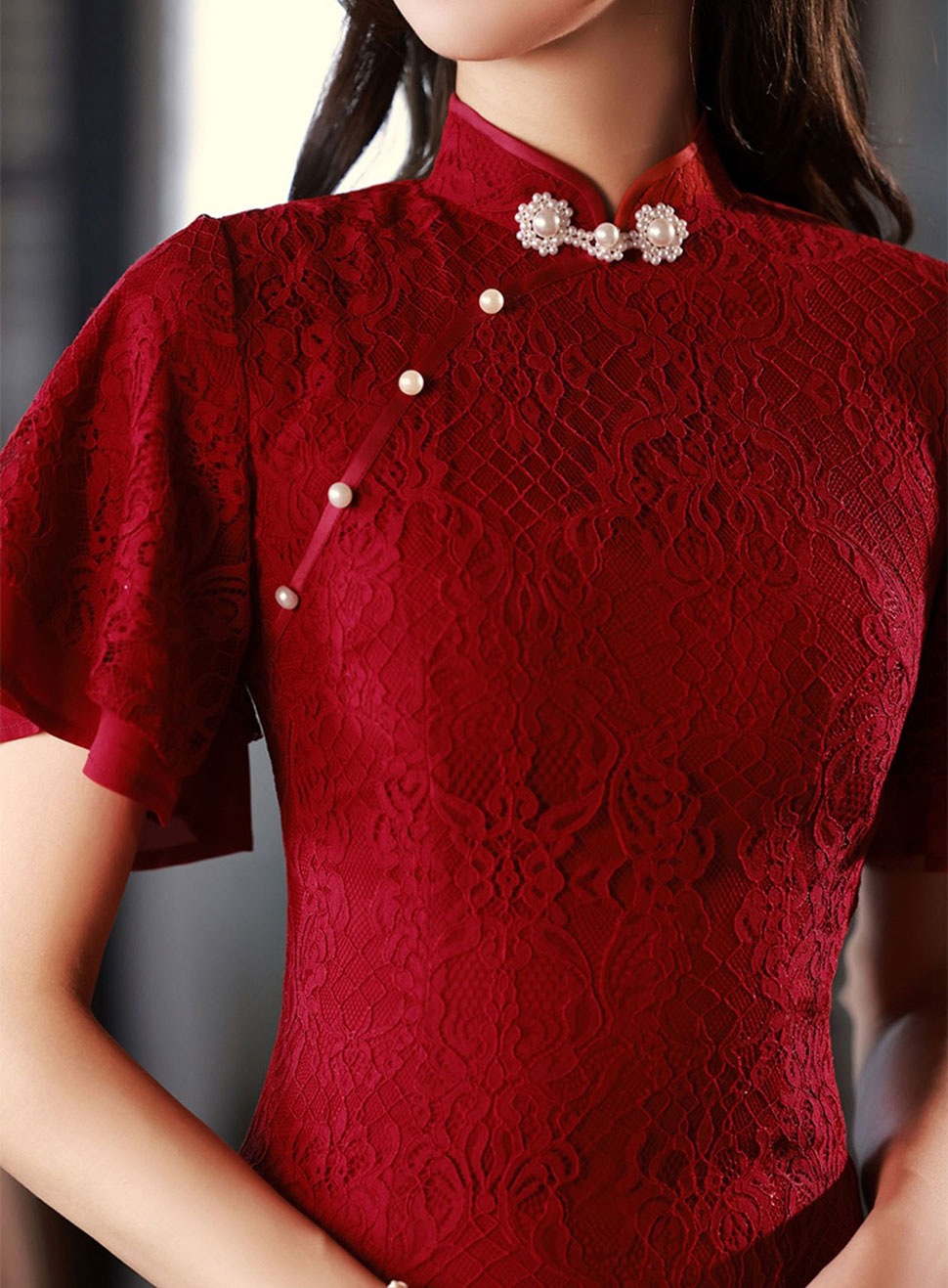 Red Lace Flutter Sleeve Wedding Qipao Cheongsam Dress