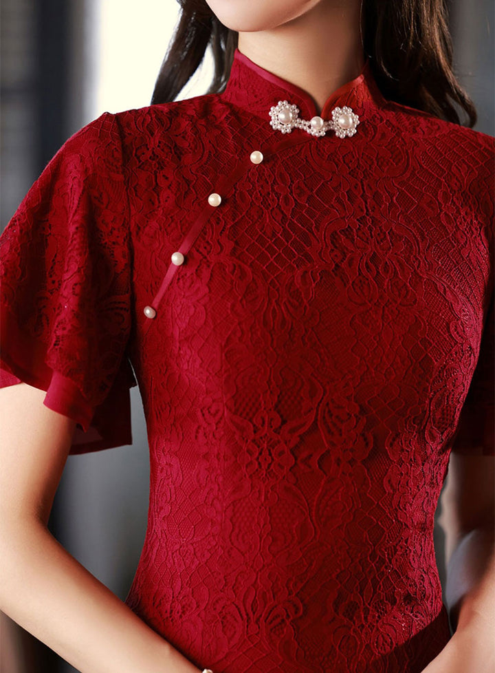Red Lace Flutter Sleeve Wedding Qipao Cheongsam Dress
