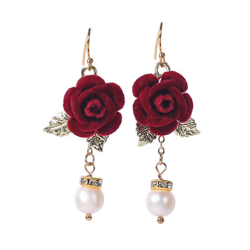 Red Fabric Rose Pearl Drop Dangle Earrings