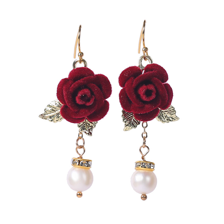 Red Fabric Rose Pearl Drop Dangle Earrings