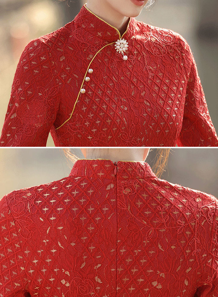 2023 Winter Red Lace Midi Qipao Cheongsam Dress