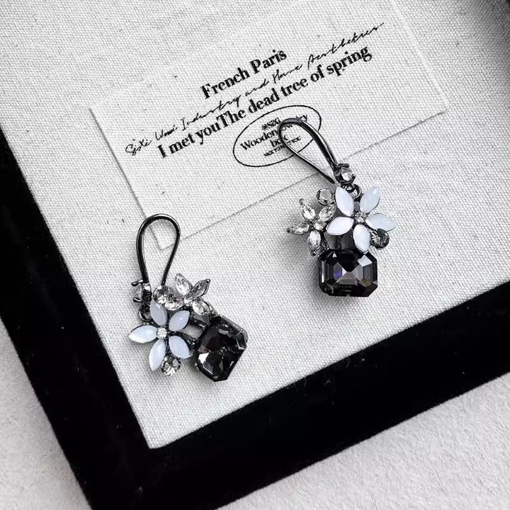 Black Rhinestone Flower Jade Dangle Drop Earrings