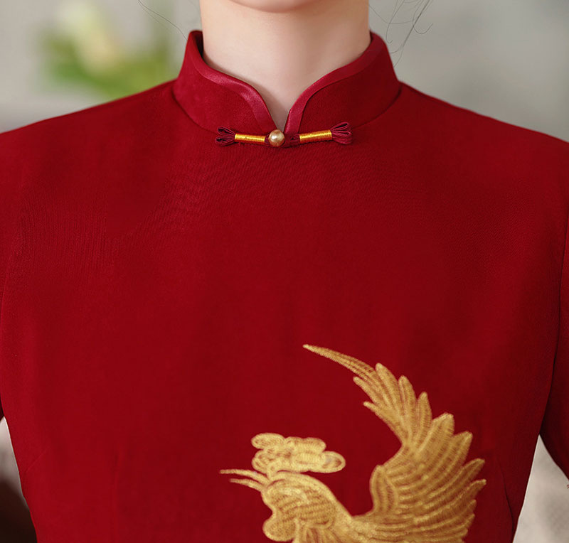 Red Embroidered Phoenix Wedding Cheongsam Qipao Dress