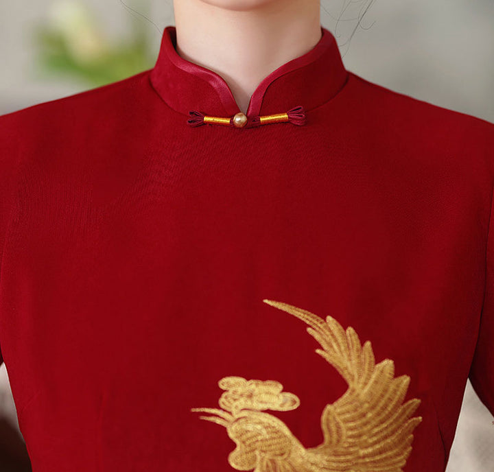 Red Embroidered Phoenix Wedding Cheongsam Qipao Dress