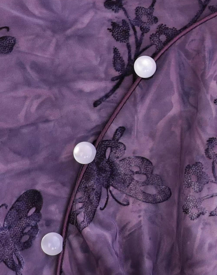 Purple Floral Velvet Long Qipao Cheongsam Dress