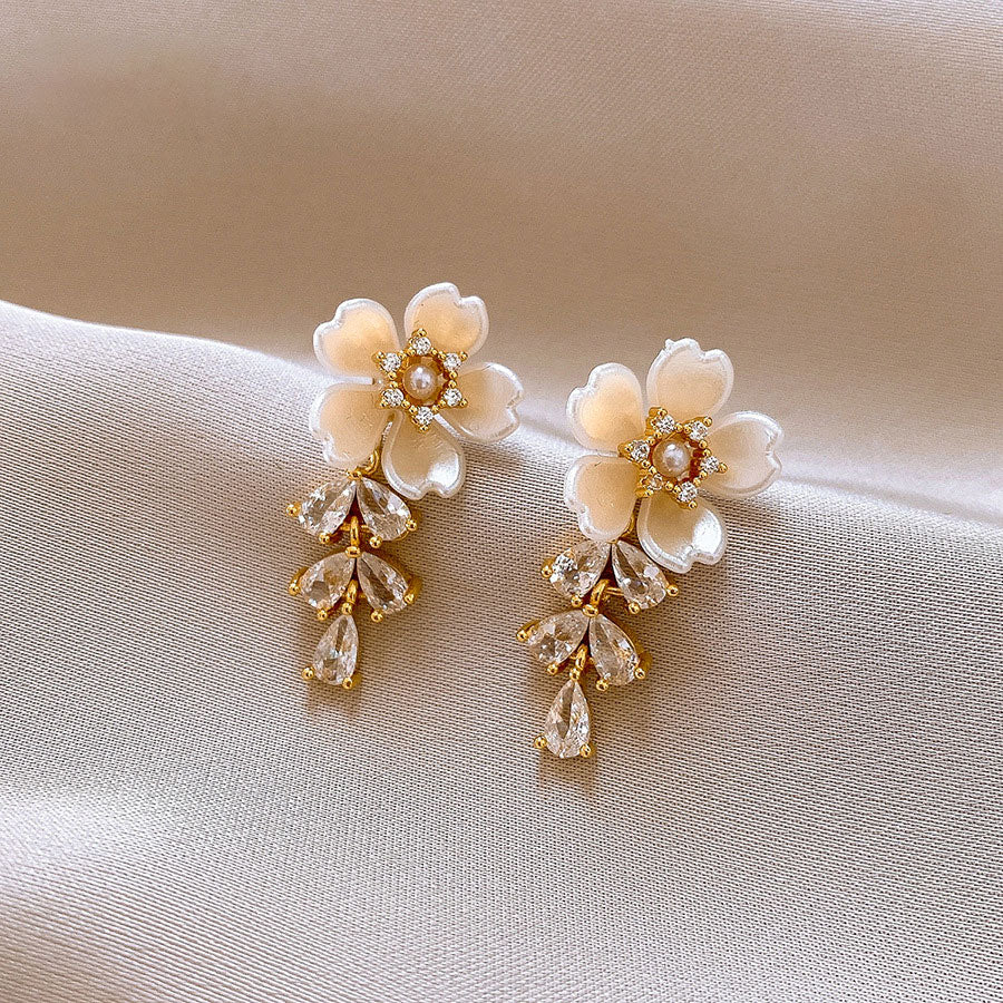 Zircon Flower Alloy Dangle Drop Earrings