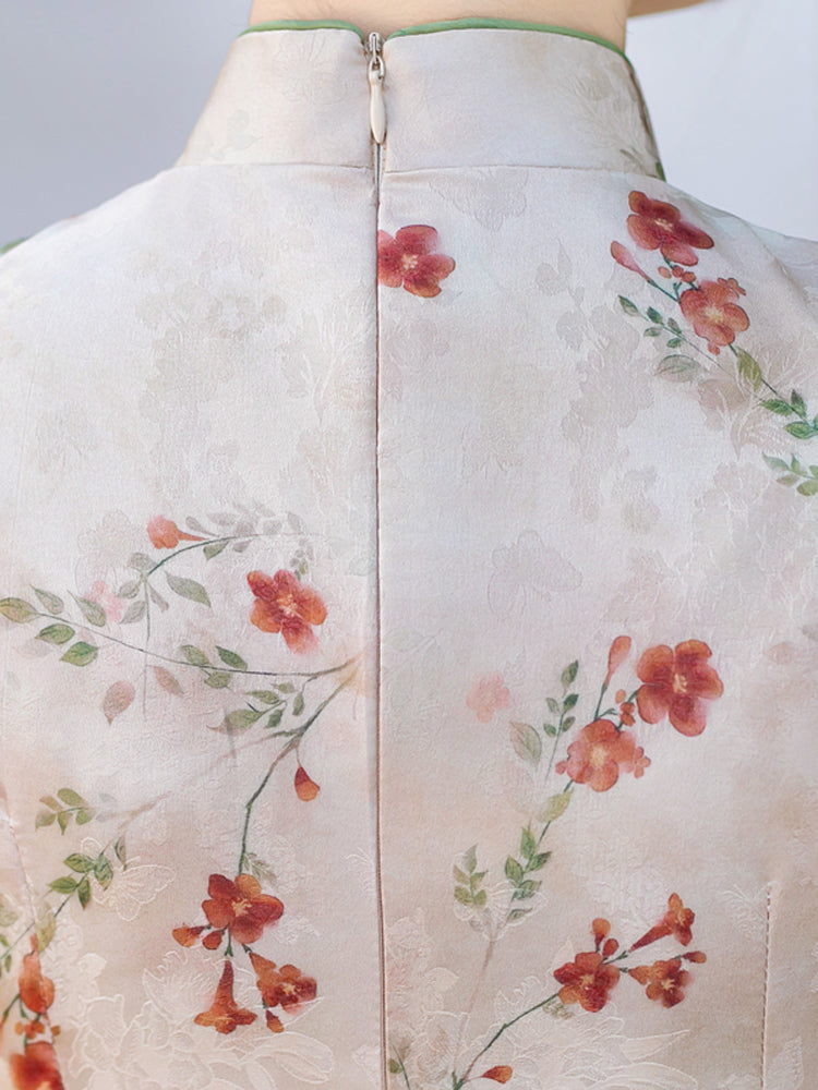 Pink Floral Print Cheongsam Qipao Dress