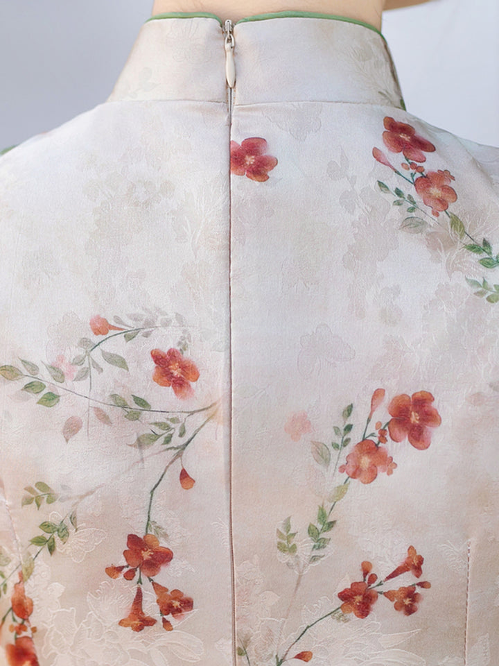 Pink Floral Print Cheongsam Qipao Dress