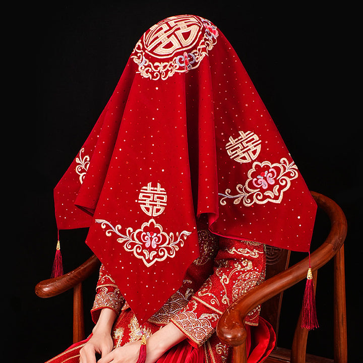 Red Floral Embroidery Chinese Wedding Bridal Veil