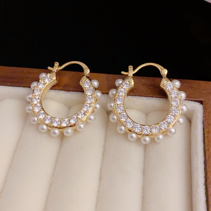 Gold Plated Rhinestone Pearls Hoop Earrings