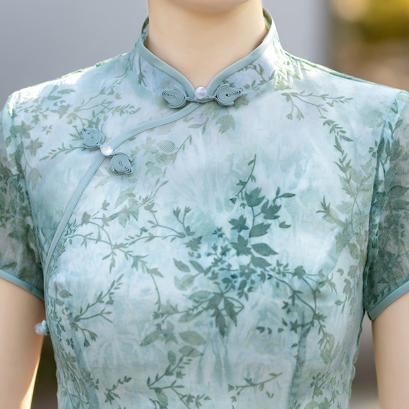 Green Yellow Floral Mulberry Silk Qipao Cheongsam Dress