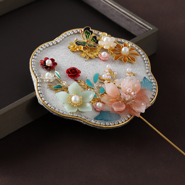 Mini Size Gray Blue Vintage Floral Hand Held Hexapetala Fans