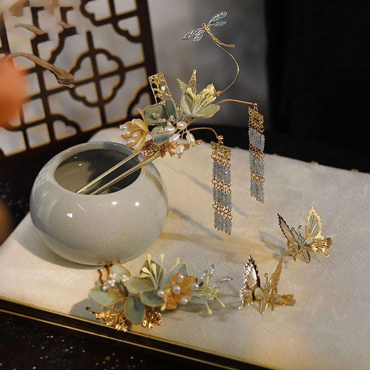 4 Pcs Bridal Blue Flower Butterfly Hair Pins Clips & Earrings
