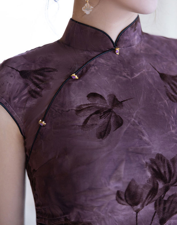 Purple Floral Print Cheongsam Qipao Dress