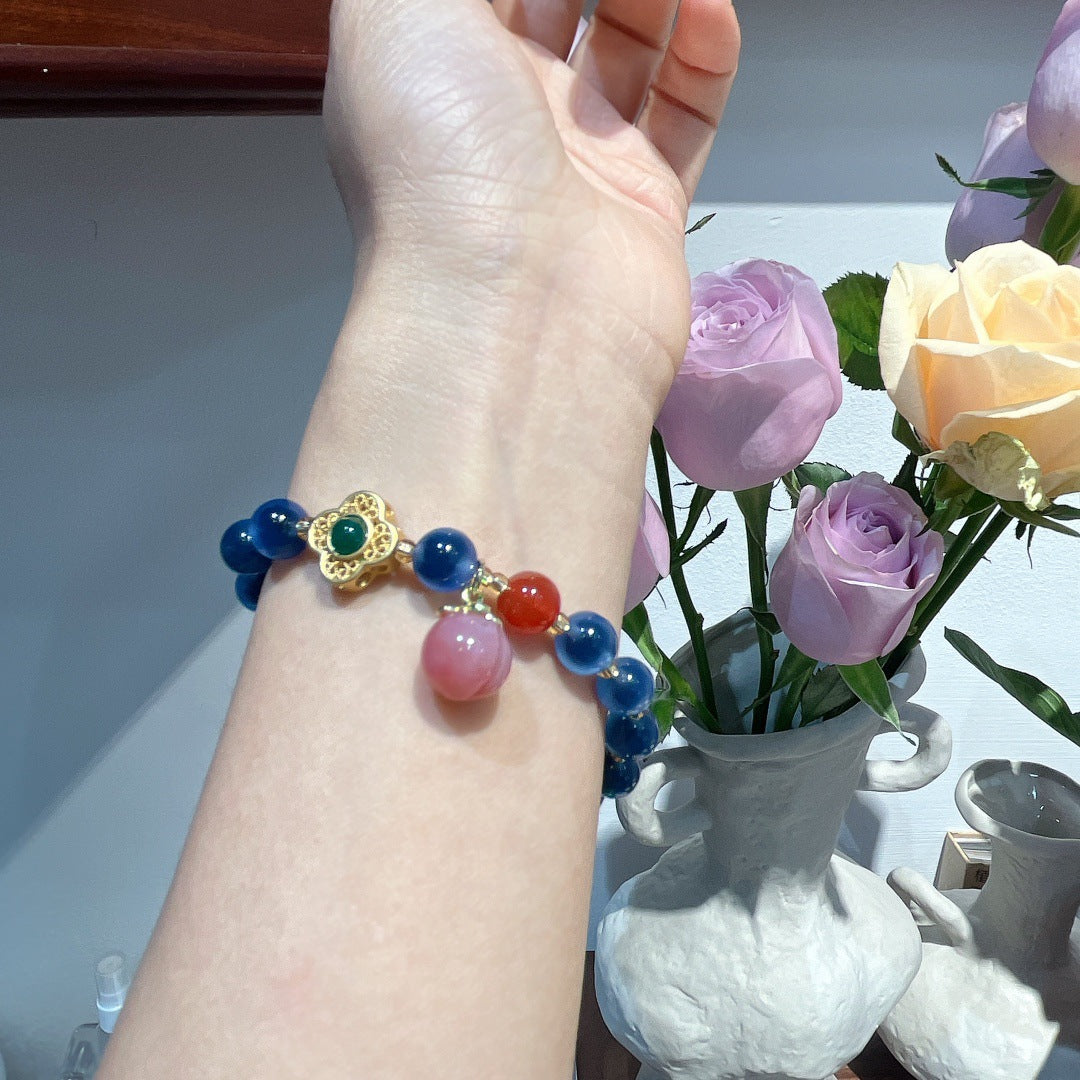 Blue Agate Beads Peach Safety Buckle Pendant Woman Bracelets