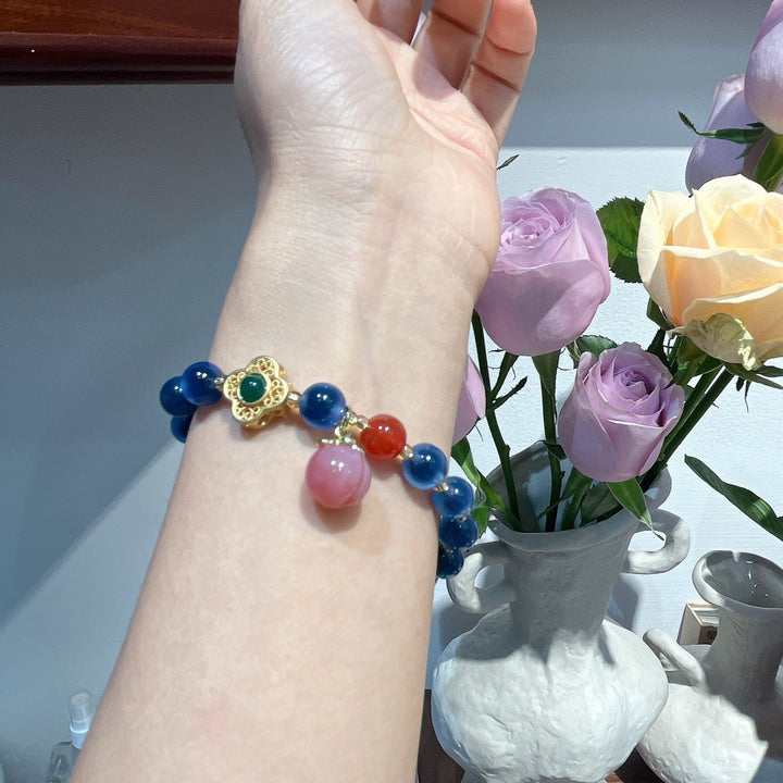 Blue Agate Beads Peach Safety Buckle Pendant Woman Bracelets