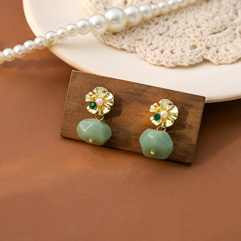 Green Jade Alloy Flower Dangle Drop Earrings