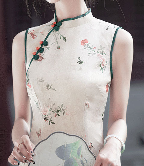 Vintage Floral Print Midi Cheongsam Qipao Dress