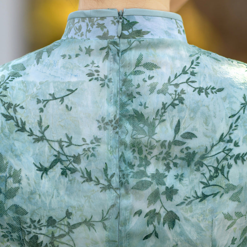 Green Yellow Floral Mulberry Silk Qipao Cheongsam Dress
