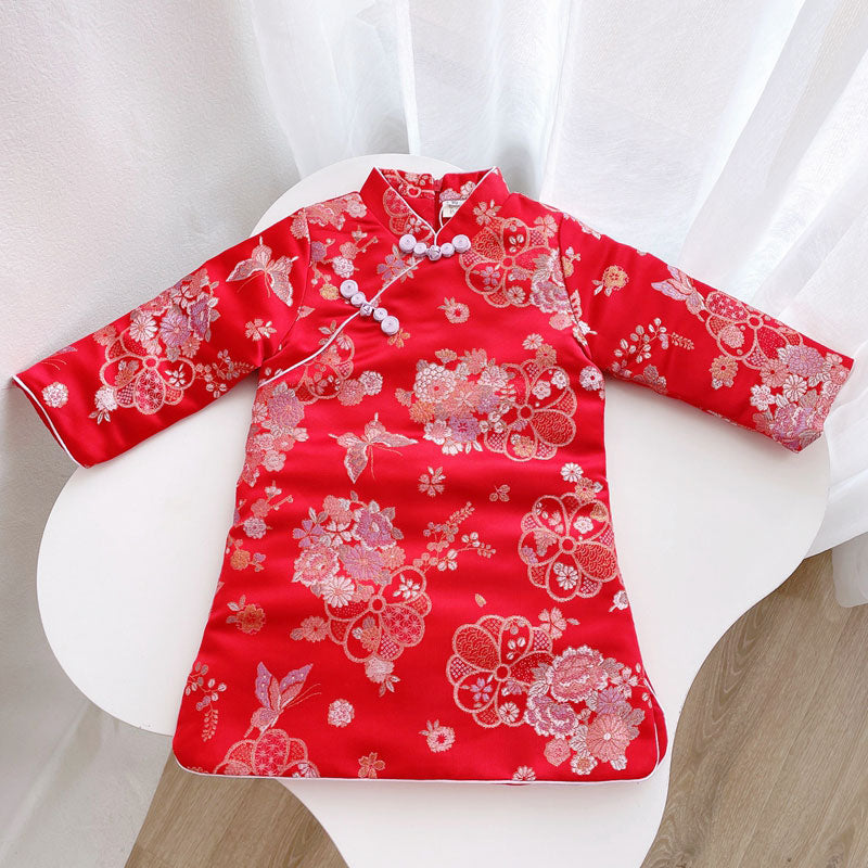Pink Red Kid Girls Jacquard Floral Qipao Cheongsam Dress