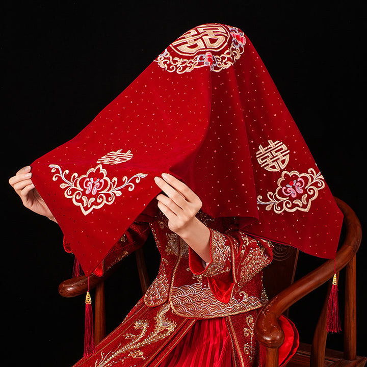 Red Floral Embroidery Chinese Wedding Bridal Veil
