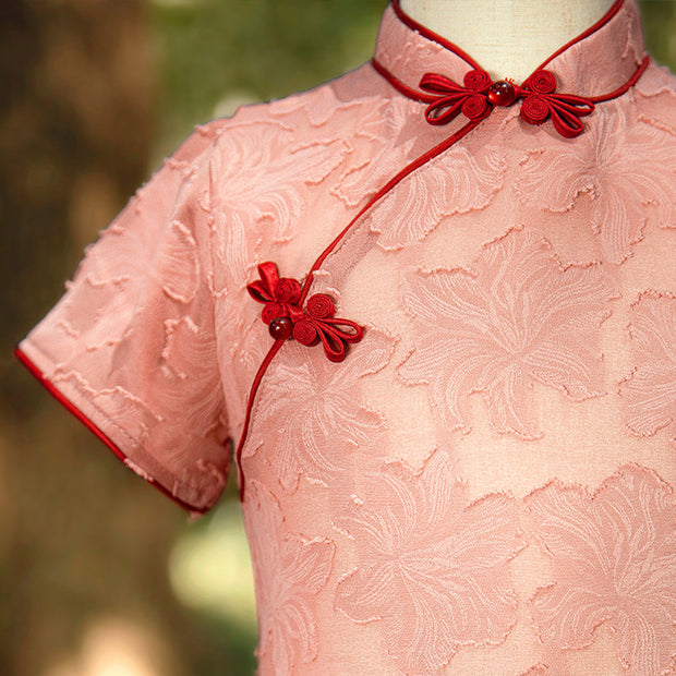 Pink Jacquard Chiffon Kids Girls Qipao Cheongsam Dress