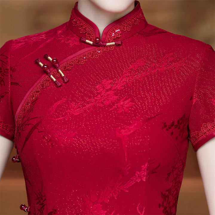 Red Jacquard Mothers Midi Cheongsam Qipao Dress
