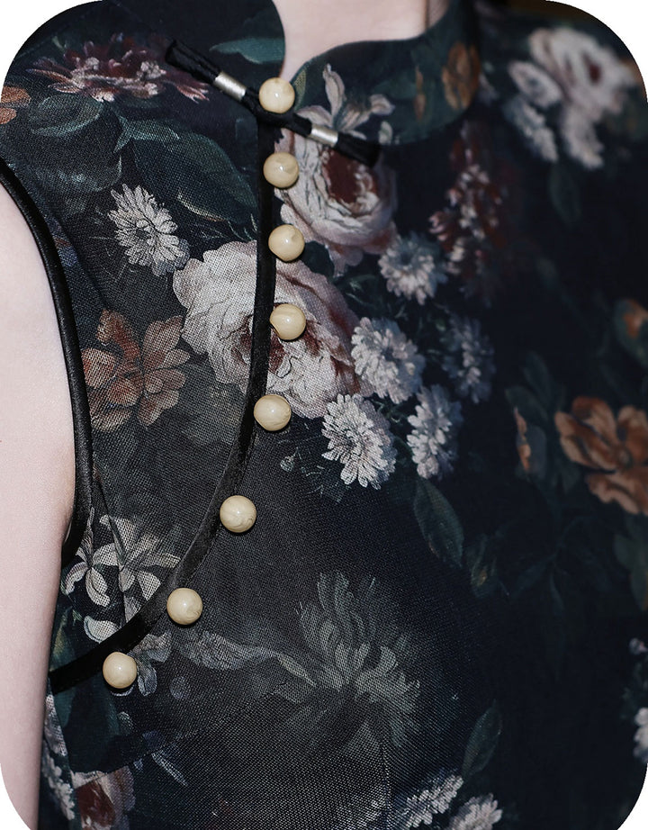Floral Print Asymmetric Collar Cheongsam Qipao Dress