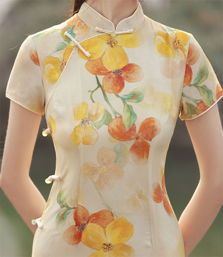 2023 Floral Linen Midi Cheongsam Qipao Dress