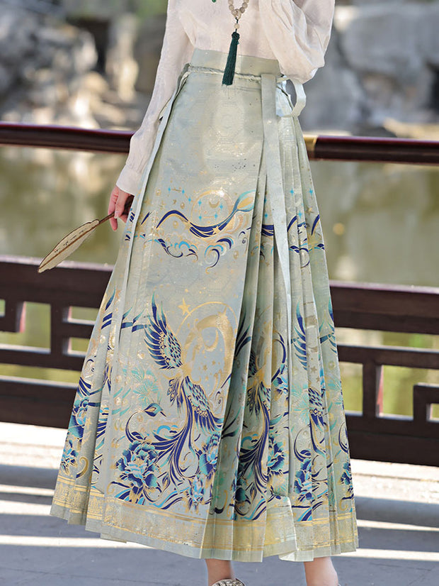 Two Pieces Blue Printed Horse Face Skirt Shirt Hanfu Dress