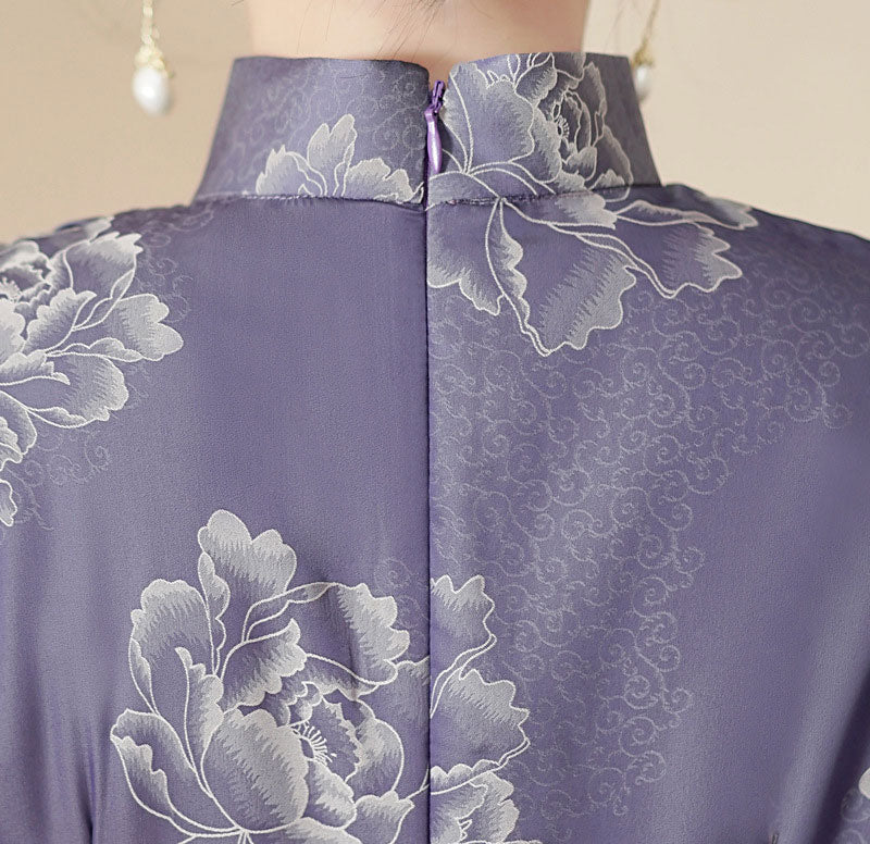 Green Purple Mothers A-Line Floral Qipao Cheongsam Dress
