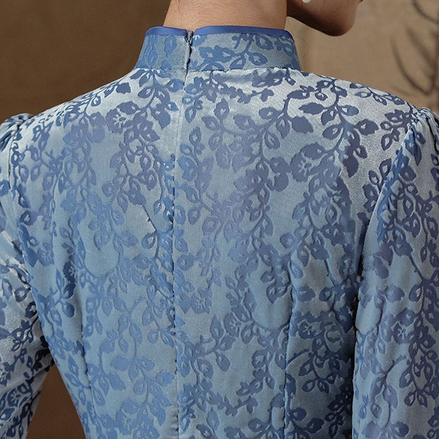 Blue Floral Velvet Irregular Cheongsam Blouse Top