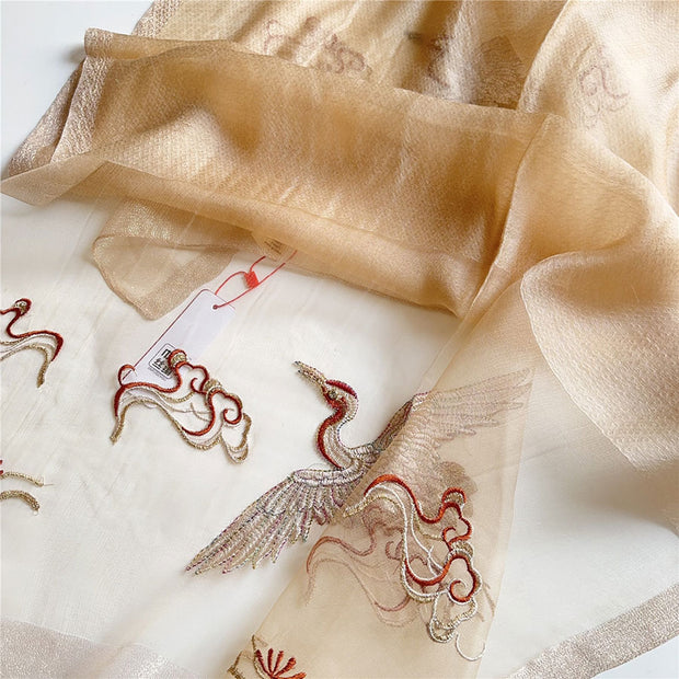 Embroidered Crane Bird Mulberry Silk Women Scarf Shawl