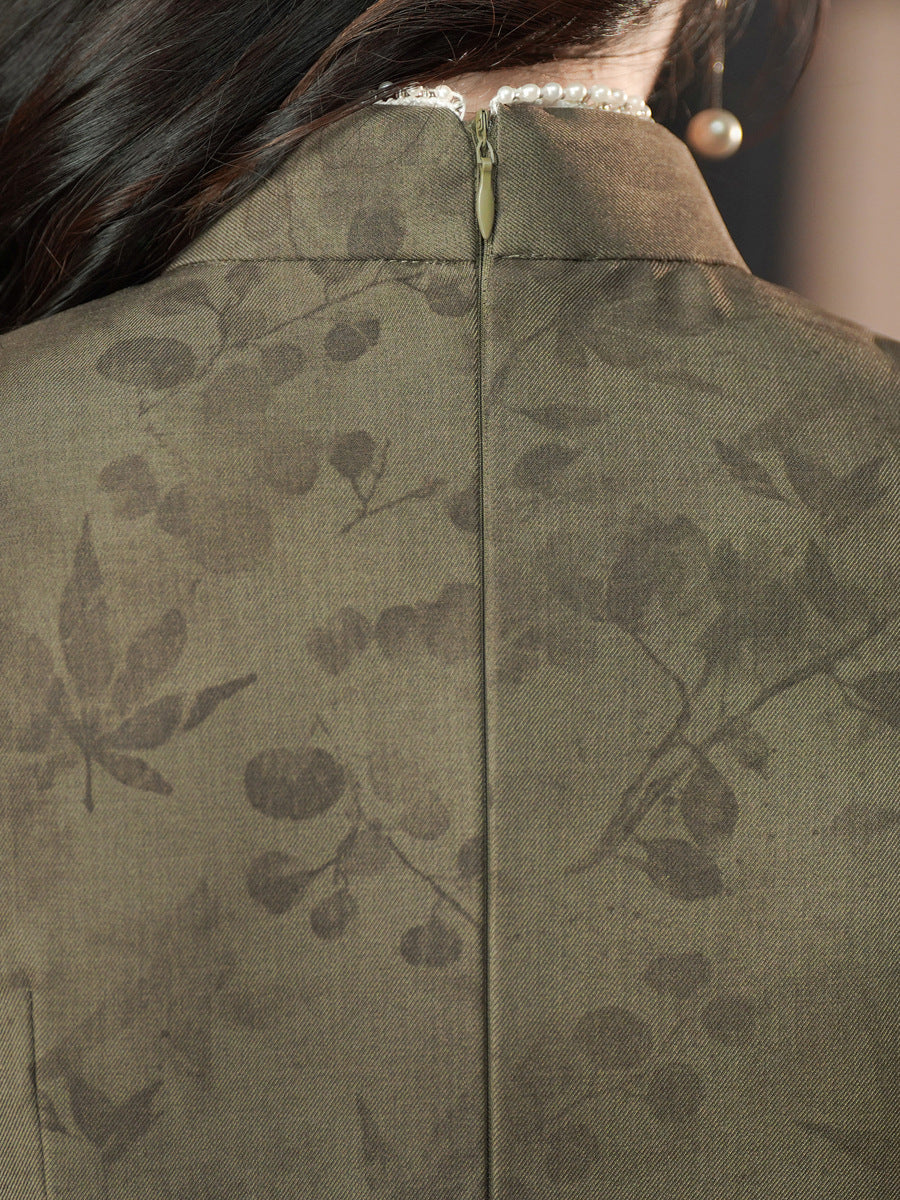Olive Green Floral Print Cheongsam Qipao Dress
