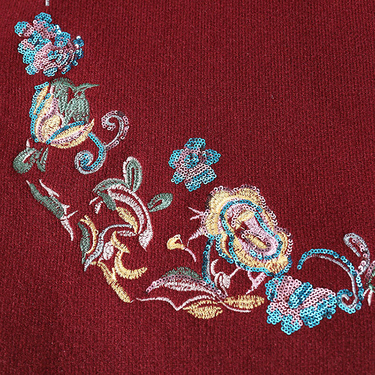 Red Beige Embroidered Knit Women Mothers Sweater Jacket Top