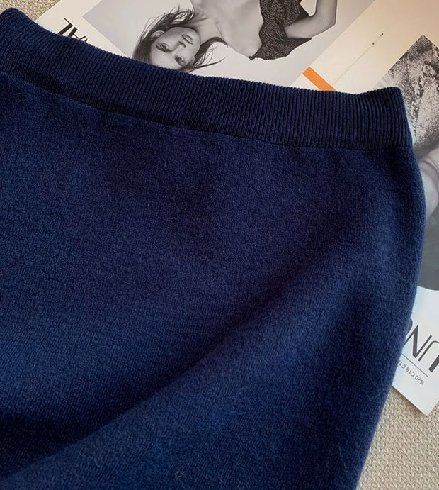 Blue Beige Knit Sweater & Midi Skirt Set